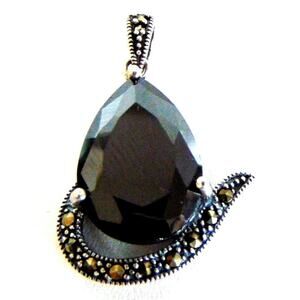 Sterling Silver Black Stone Pendant Teardrop Hematite Marcasite Gem For Necklace
